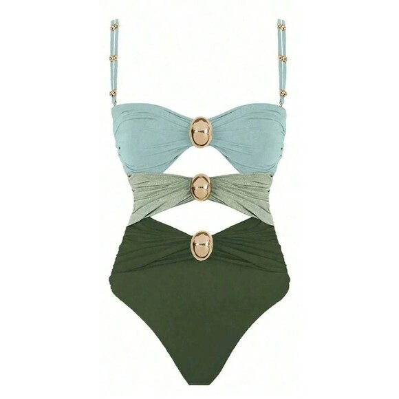 Colorblock Green One Piece Swimsuit Summer Beach Hollow Out Monokini Size M NWT - Picture 4 of 6